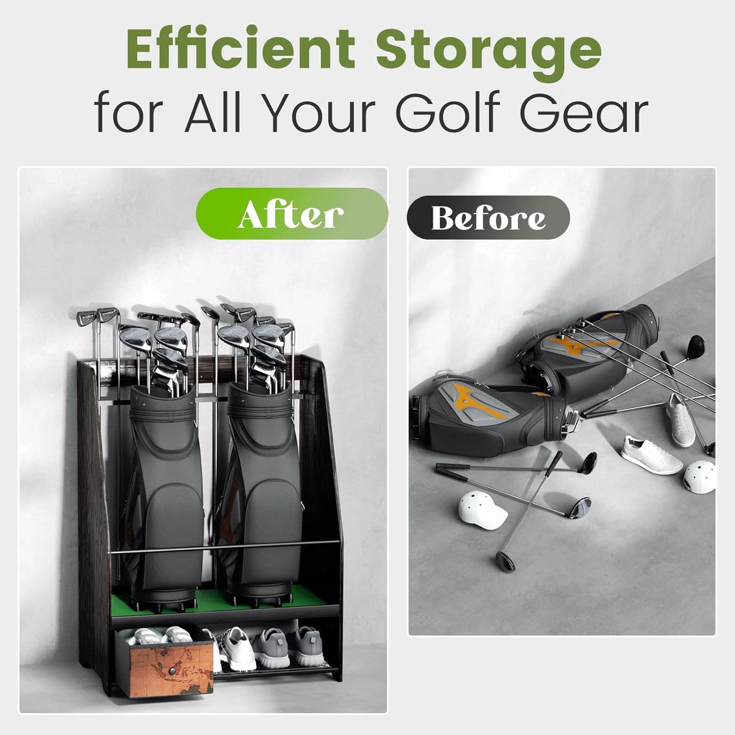 Golf Bag Organizer Rack – Large Wooden Golf Storage for 2 Bags, Clubs & Accessories with Dustproof Drawer, Sports Equipment Rack for Garage, Practice Room, Home or Office (Black)