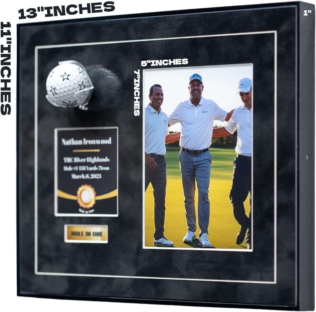 One-Shot Victory Golf Ball Display Frame – Acrylic Case with External Ball Mount, Custom Photo & Nameplate, Black Suede Mat, Elegant Golf Keepsake Gift