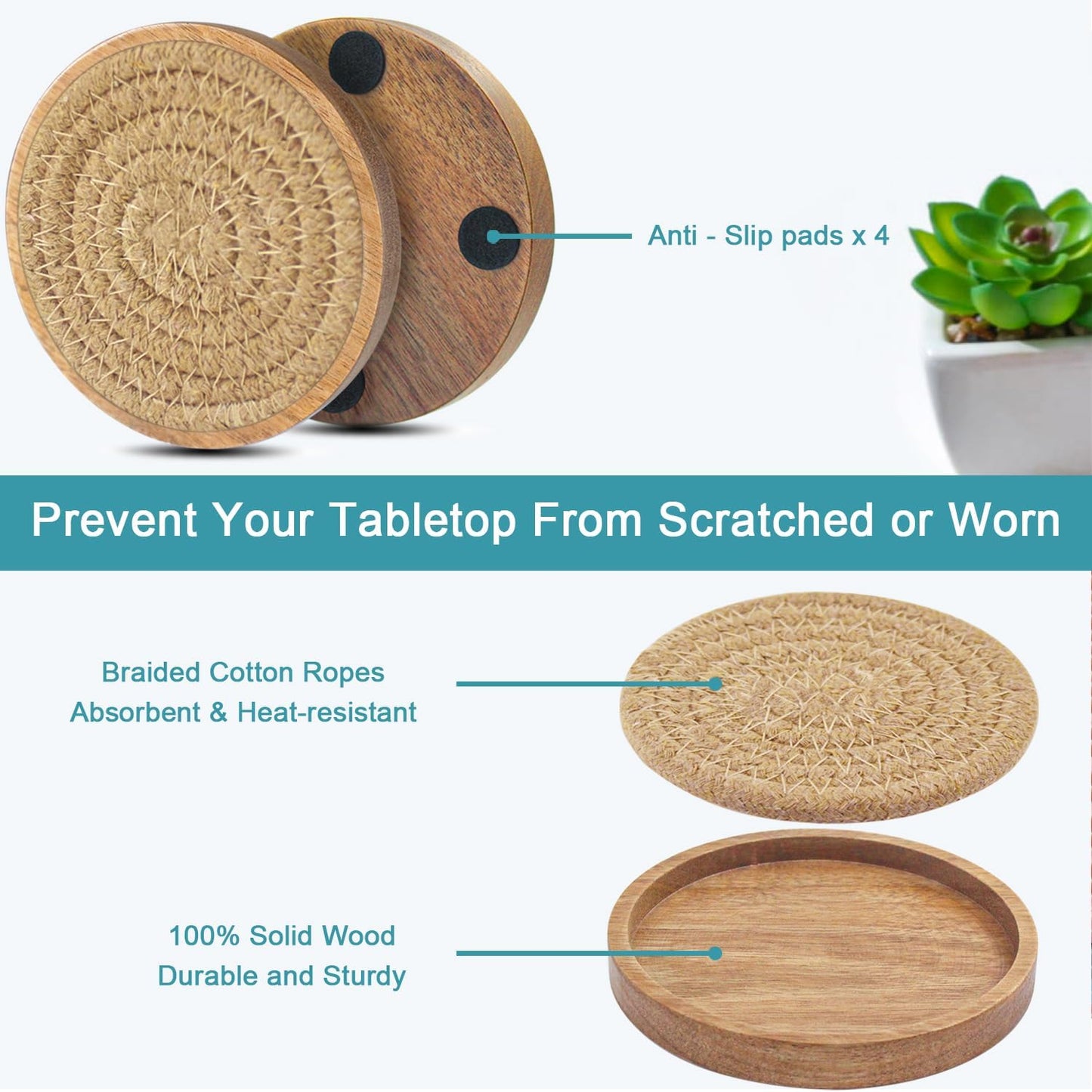 Wood Coasters for Drinks, Absorbent Coaster Sets of 8, Woven Drink Coasters for Coffee Table, Housewarming Gift for Farmhouse Home Decor,4.3 inches Brown