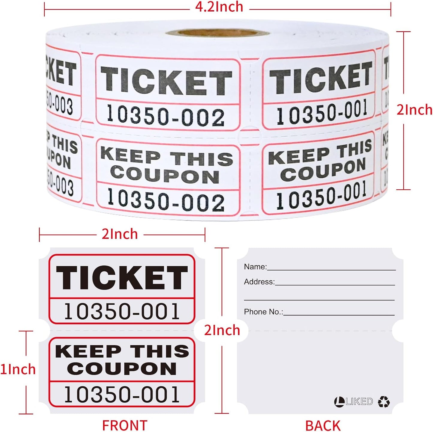 L LIKED White Raffle Tickets Double Rolls with consecutively Numbered 50/50 Stub Raffle Tickets for Events, Entry, Class Reward and More-1000 Tickets/Roll