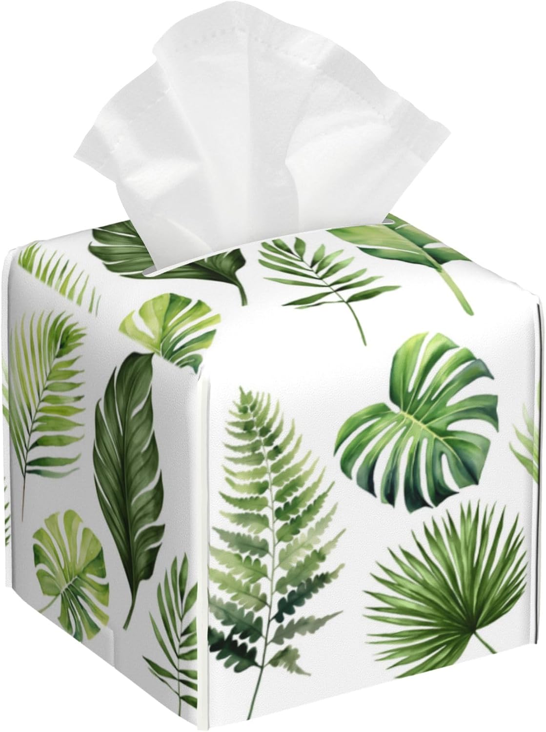 Green Tropical Leaves Tissue Box Cover Square,Watercolor Plant Palm Leaves Tissue Box Holder Waterproof Leather Facial Paper Organizer Dispenser for Bathroom Home Car Nightstand Vanity Desk