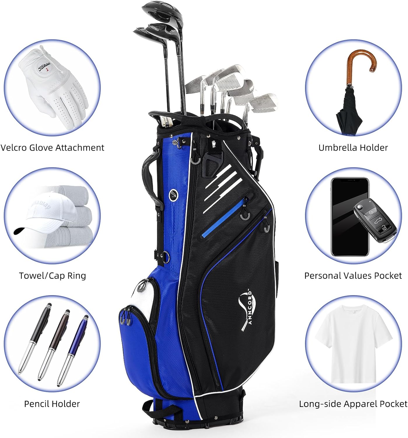Golf Stand Bag 14 Way Top Dividers Full-Length with Stand, 8 Pockets, Cooler Pouch, Waterproof Golf Bag for Men, Dual Strap, Rain Hood