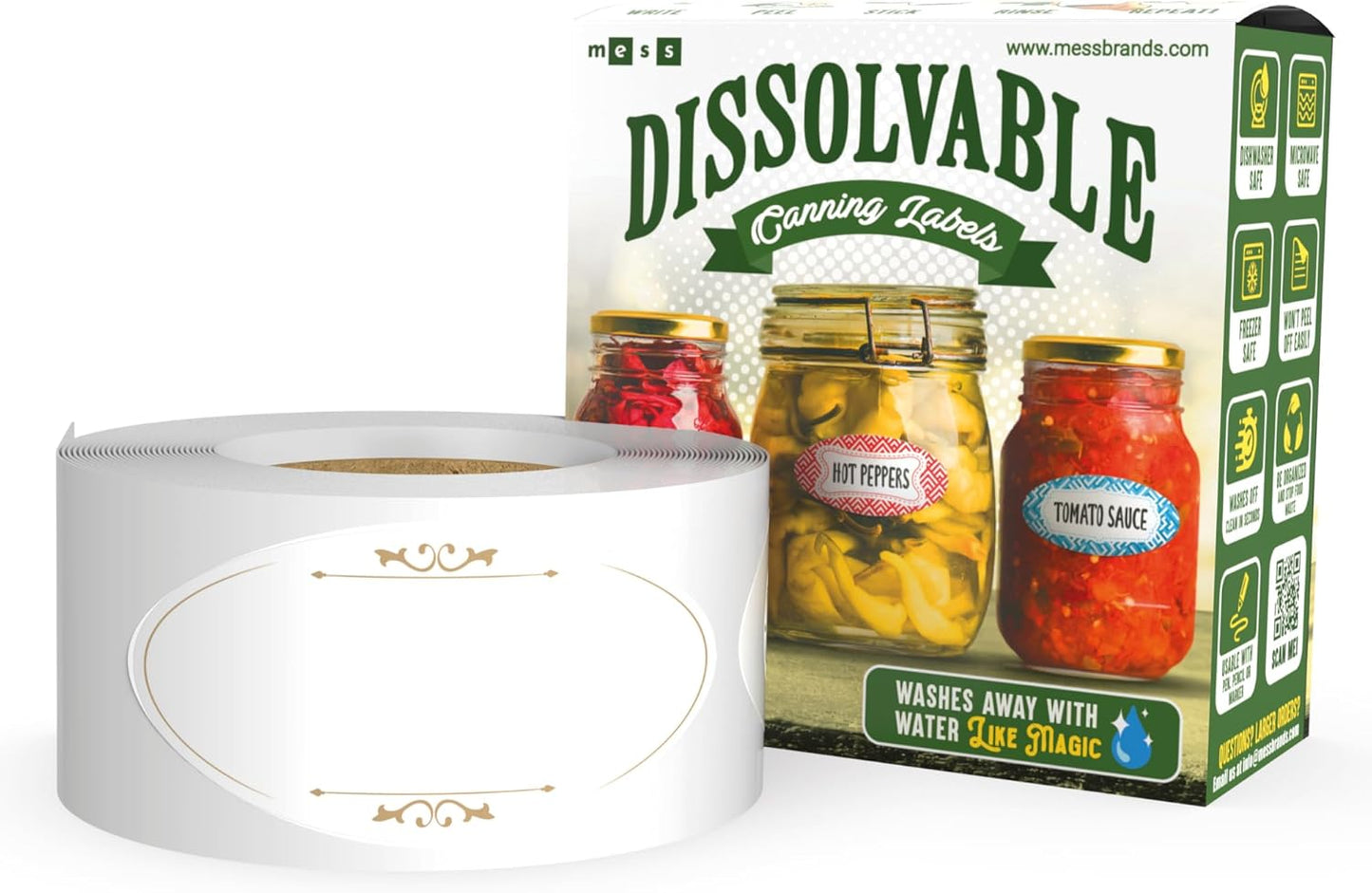 MESS Dissolvable Canning Labels for Jars - 1x2.25 in., 150/Roll - Removable Stickers (Classic) for Jam and Preserves