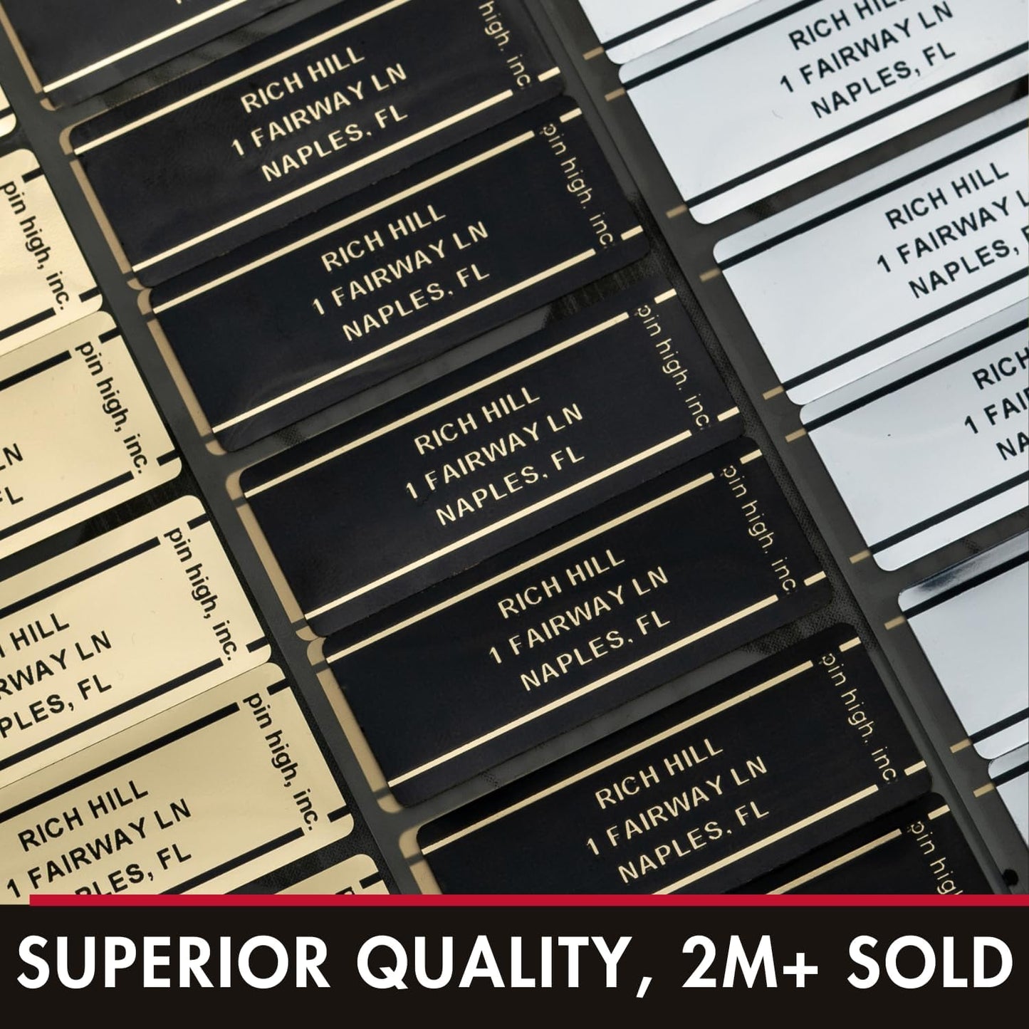 PIN HIGH Personalized Golf Club ID Labels | Weatherproof, Fade Resistant, Laminated Thermal Transfer Labels, Made in The USA, (Free Customization & Shipping), Set of 20, Gold