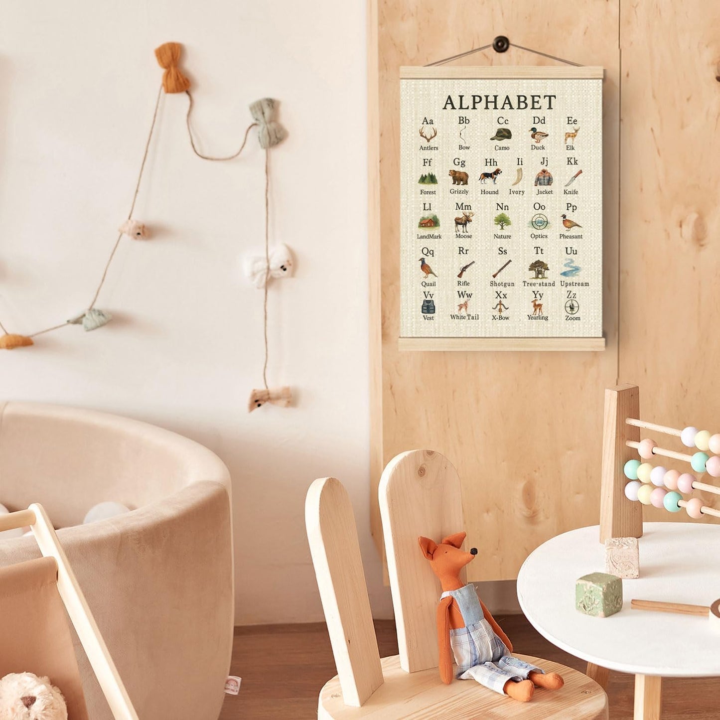 Boat Wades Hunting Alphabet Nursery Wall Art Poster Hanger Frame, Forest Nursery Decor, Educational Alphabet Hunting Hanging Wall Decor for Toddler Boys Bedroom Playroom Classroom, 12x16 Inch