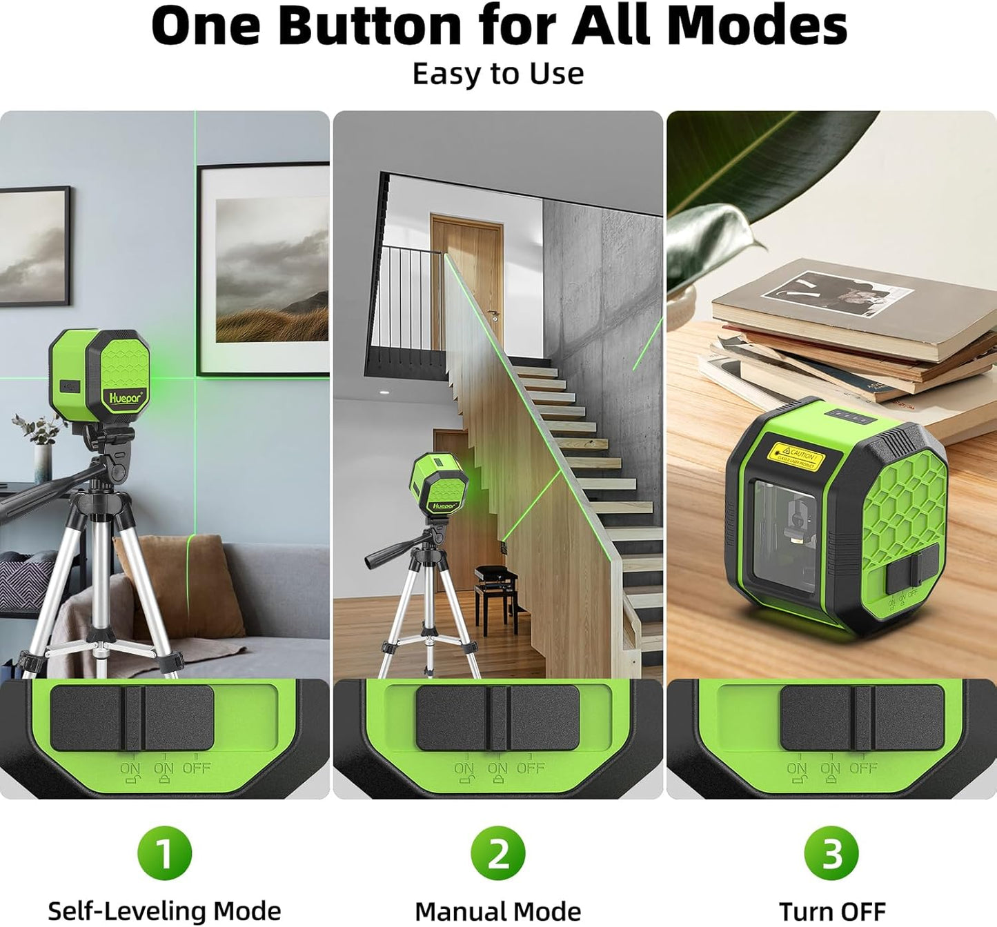 Laser Level with Tripod, HUEPAR 100Ft Self Leveling Laser Level Rechargeable Green Cross Line Laser Leveler Tool for Picture Hanging, Tile, Home Renovation, Carrying Bag Included (25.6 in Tripod)