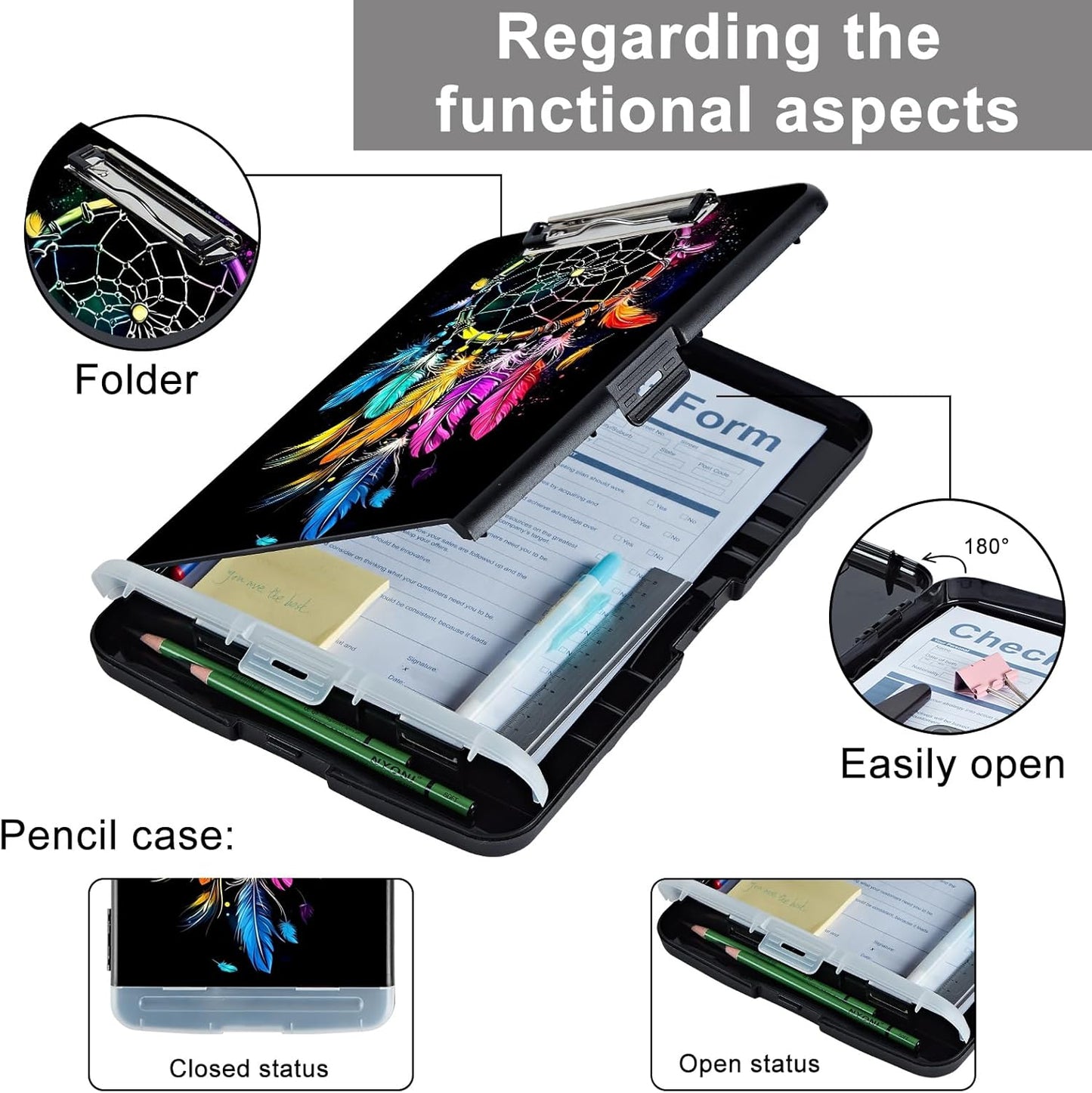 Clipboard with Storage - Large Capacity,Nursing Clipboard with Pen Holder,Heavy Duty,Plastic Side-Opening Folder for Teacher,Nurse - Dream Catcher