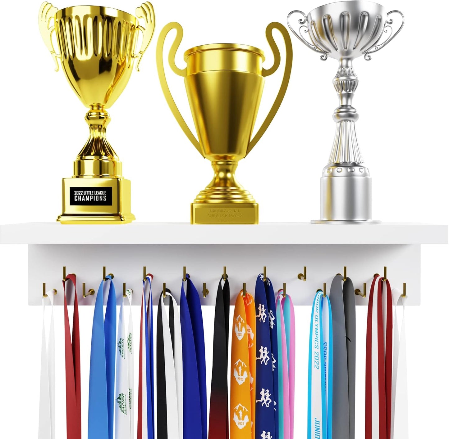 EVERMORE Medal Hanger Display and Trophy Shelf with Hooks - Wooden Medal Holder for Wall Mount Ribbon Display, Trophy Display Shelf for Gymnastics, Soccer, Running Race Medals Awards Rack