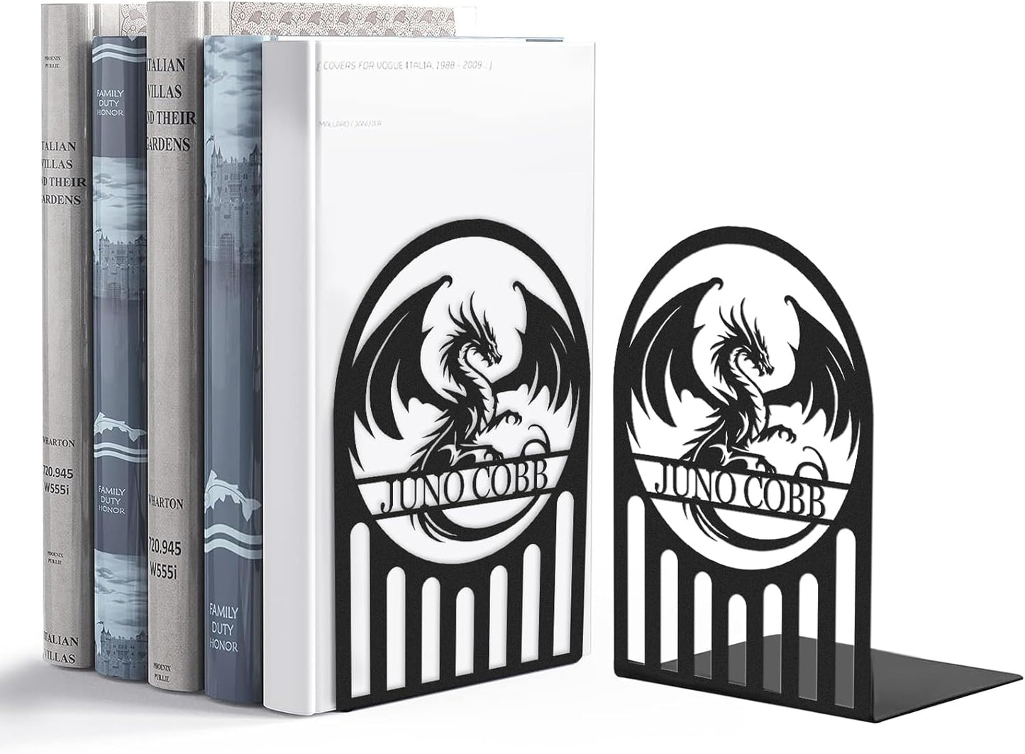 Personalized Dragon Book Ends 2 Pcs, Metal Bookends for Shelves, Custom Heavy Duty Bookends with Name, Dragon Bookshelf Decor, Book Organizer for Desk, Black Book Holders for Home Office