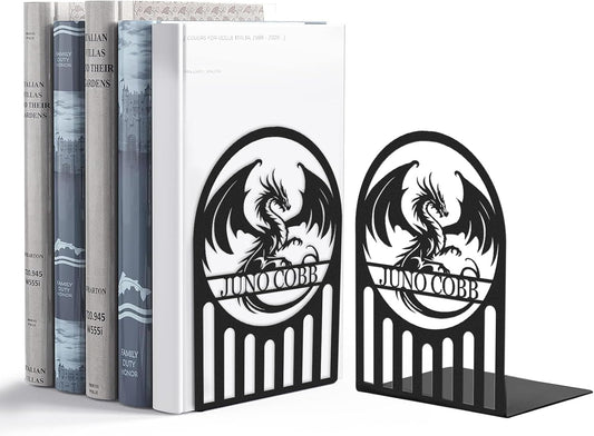 Personalized Dragon Book Ends 2 Pcs, Metal Bookends for Shelves, Custom Heavy Duty Bookends with Name, Dragon Bookshelf Decor, Book Organizer for Desk, Black Book Holders for Home Office