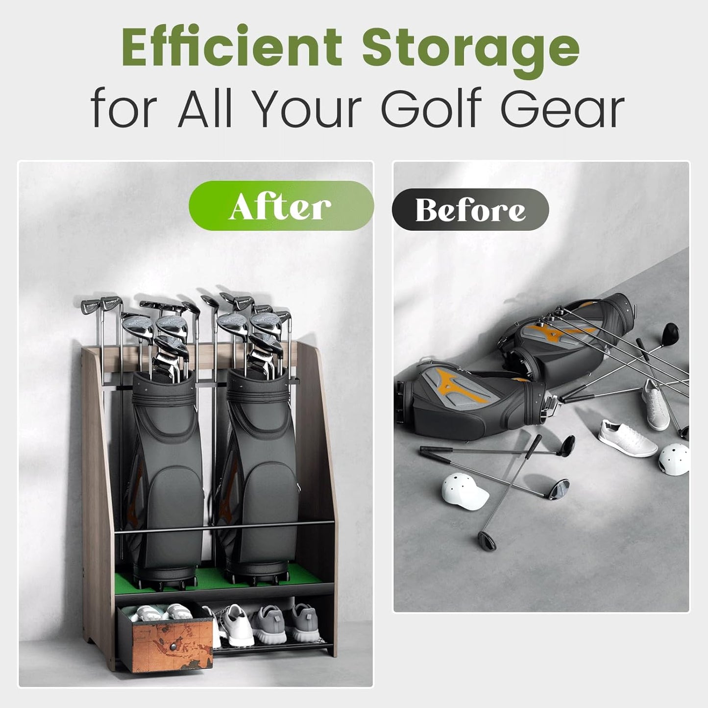 Golf Bag Organizer Rack – Large Wooden Golf Storage for 2 Bags, Clubs & Accessories with Dustproof Drawer, Sports Equipment Rack for Garage, Practice Room, Home or Office (Black)