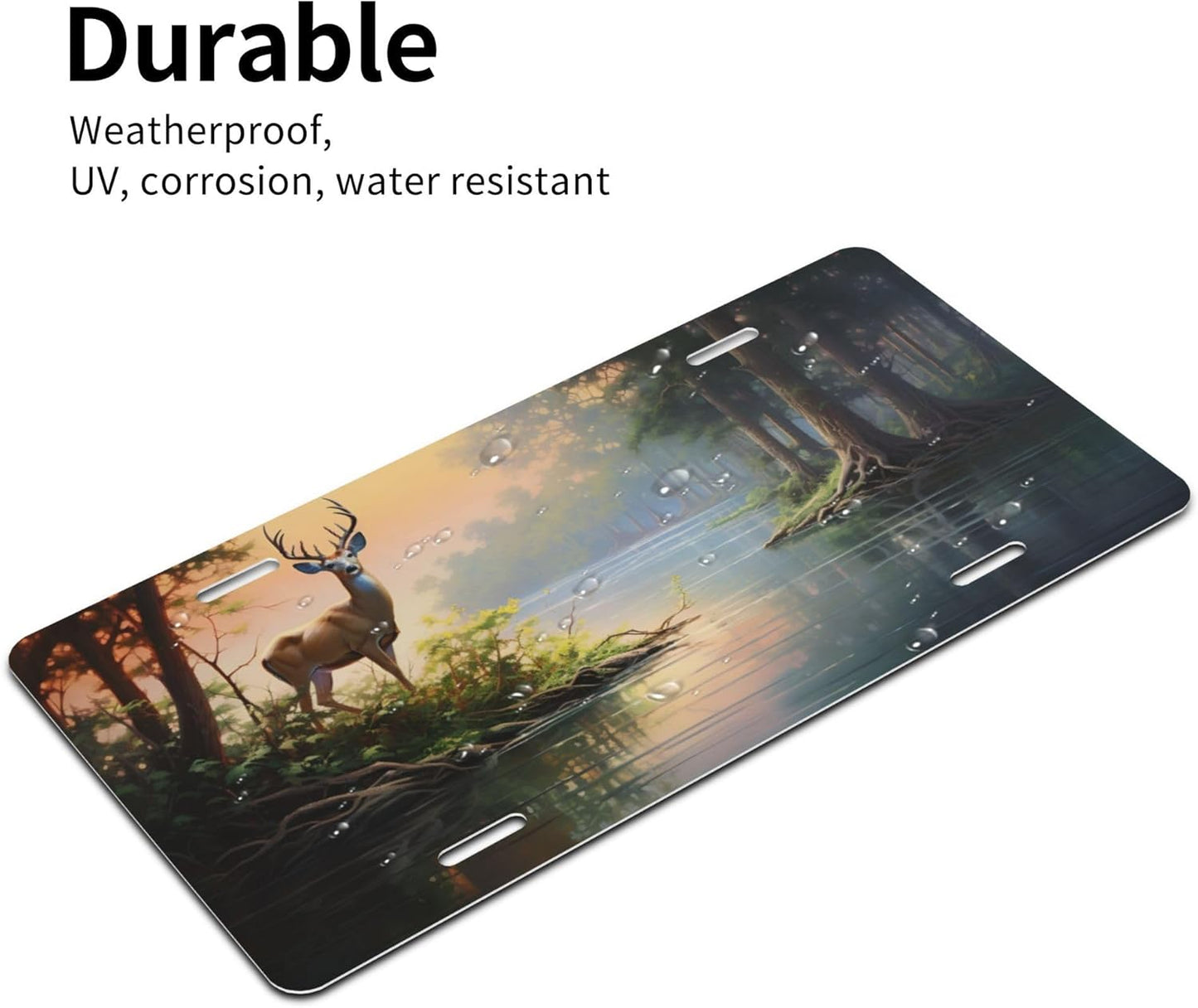 Front License Plate for Car Designs Lake Animal Deer Forest Stainless License Plate Cover Holder for Men Women Metal Aluminum Decorative Accessory Vanity Tag Standard 6 X 12 Inch (4 Holes)