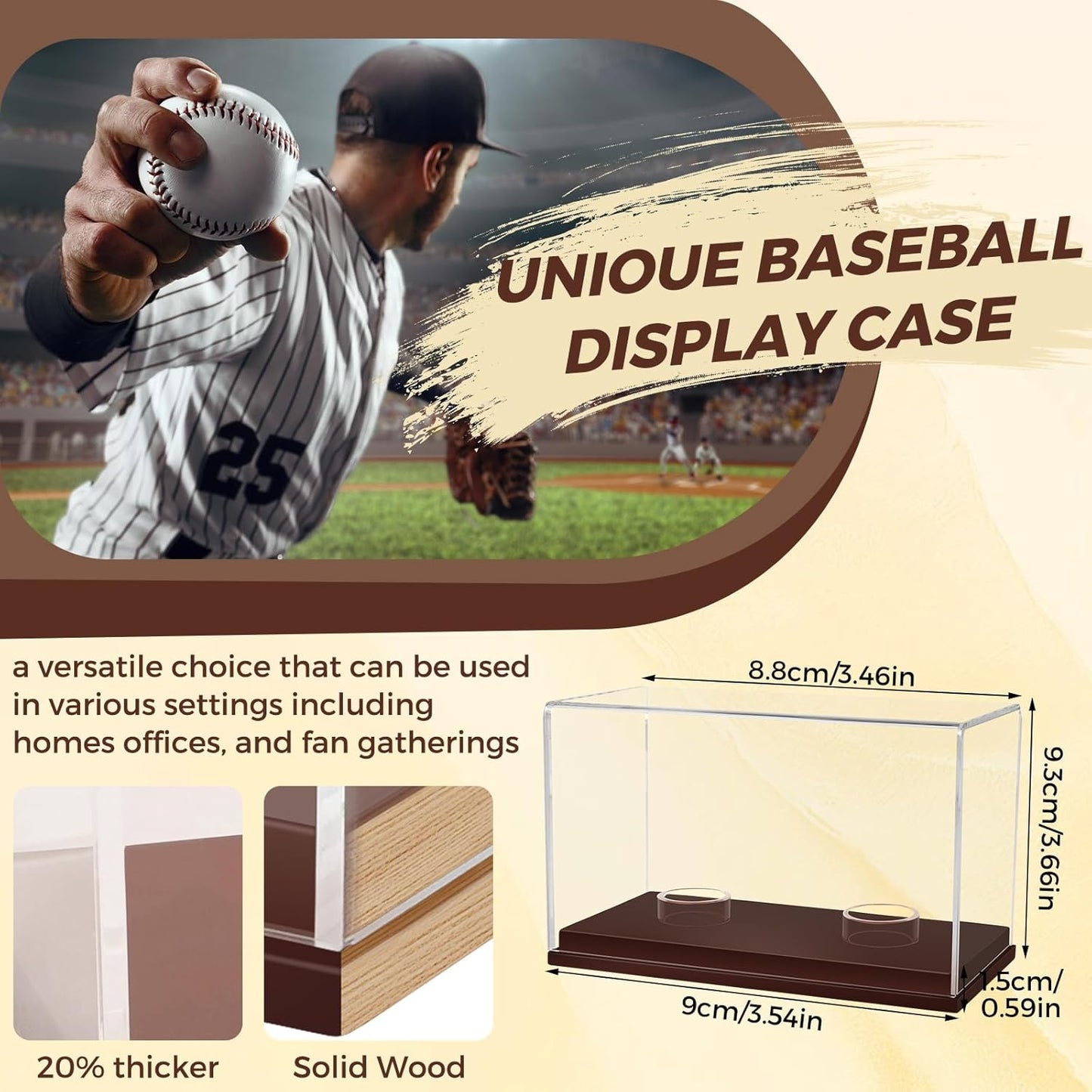 Baseball Display Case, UV Protected Clear Acrylic Cube Golf Ball Display Holder, Autograph Stand and Memorabilia Showcase Box for Two Ball, Brown Wooden Base