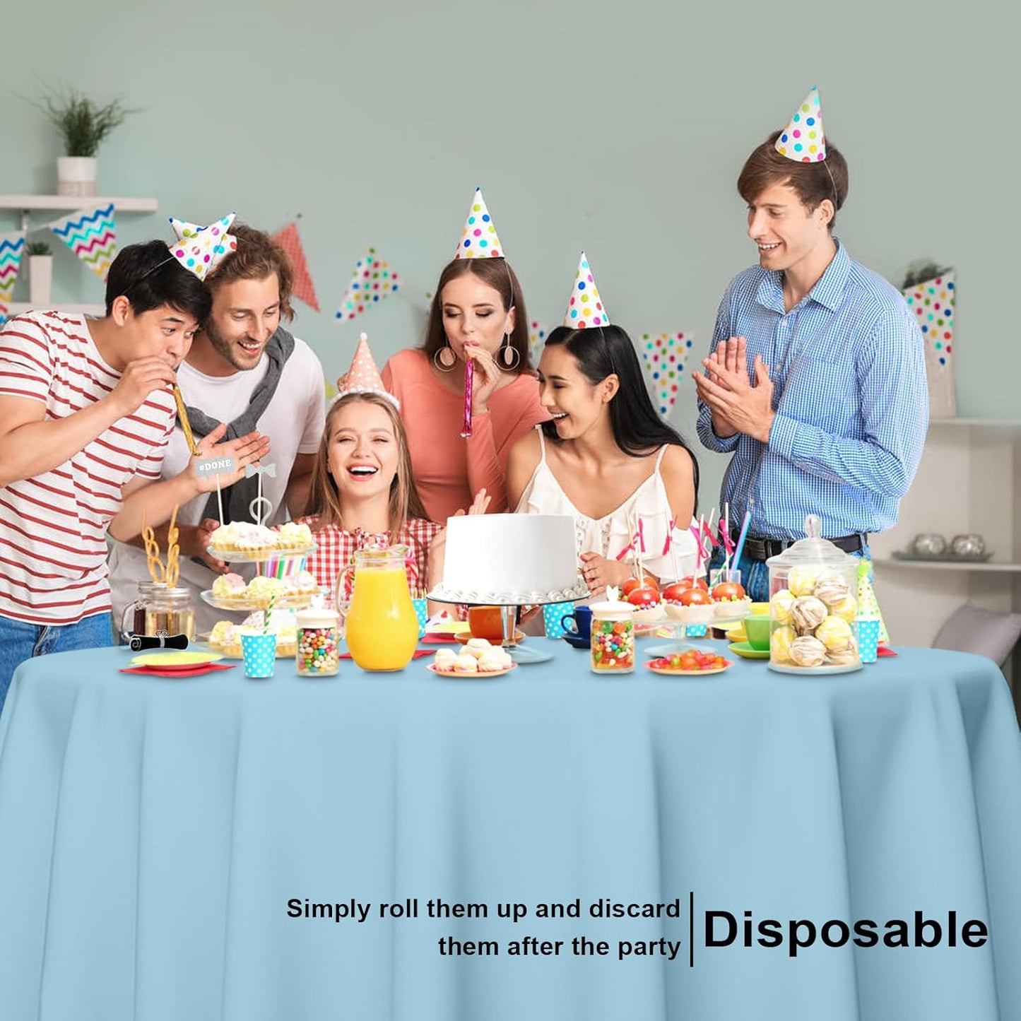 3 Pack Round Disposable Light Blue Tablecloth, Light Blue Plastic Table Cloths for Parties Disposable, 84x84 in Waterproof Camping Tablecloth for Birthday Party Baby Shower Picnic School