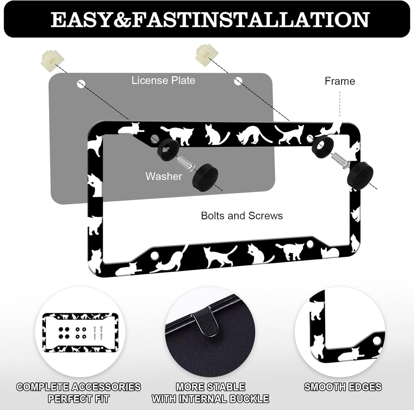 Cat License Plate Frames - 2 Pack Front Rear Cute Cats Pet Animal License Plates Holder Covers, Aluminum Metal Rust-Proof Waterproof Car Tag Frame with Screws Fasteners Caps