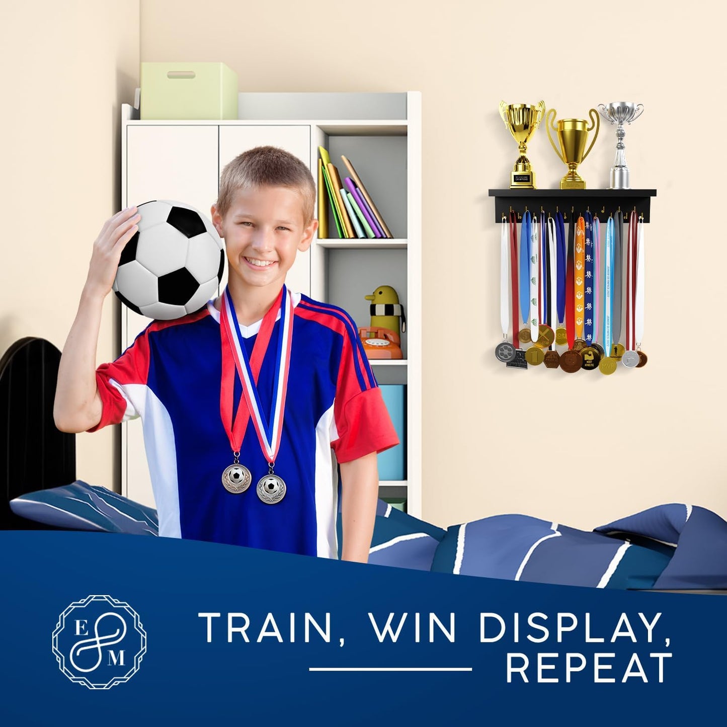 EVERMORE Medal Hanger Display and Trophy Shelf with Hooks - Wooden Medal Holder for Wall Mount Ribbon Display, Trophy Display Shelf for Gymnastics, Soccer, Running Race Medals Awards Rack