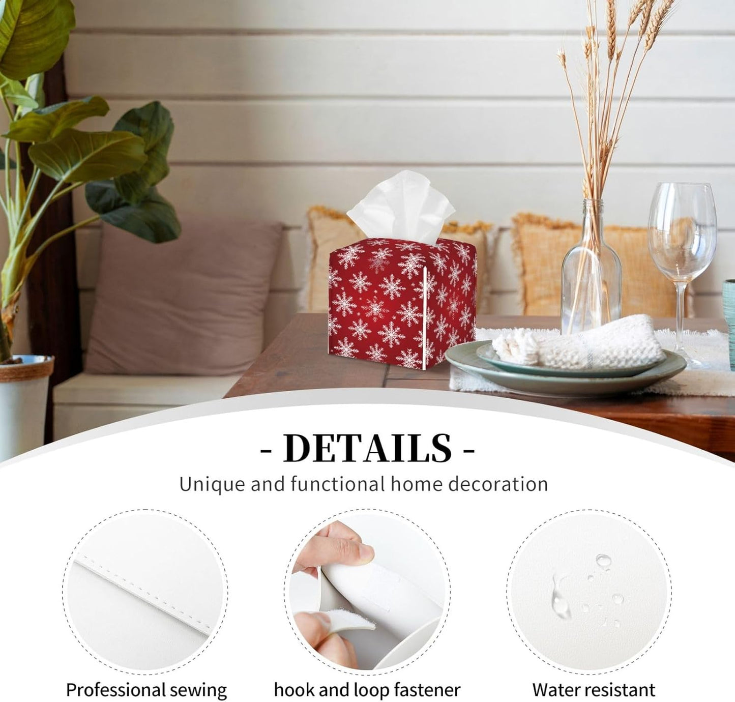 Tissue Box Cover Christmas Snowflakes Pattern Square PU Leather Tissue Box Holder for Car Bathroom Bedroom Desk Tabletop Decor