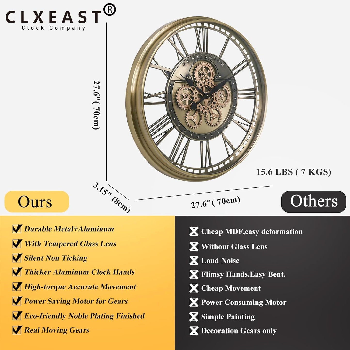 CLXEAST 28 Inch Gold Moving Gear Wall Clock for Modern Living Room Decor,Oversized Large Metal Roman Numeral Wall Clocks for Farmhouse Home Décor,House Warming Gifts New Home