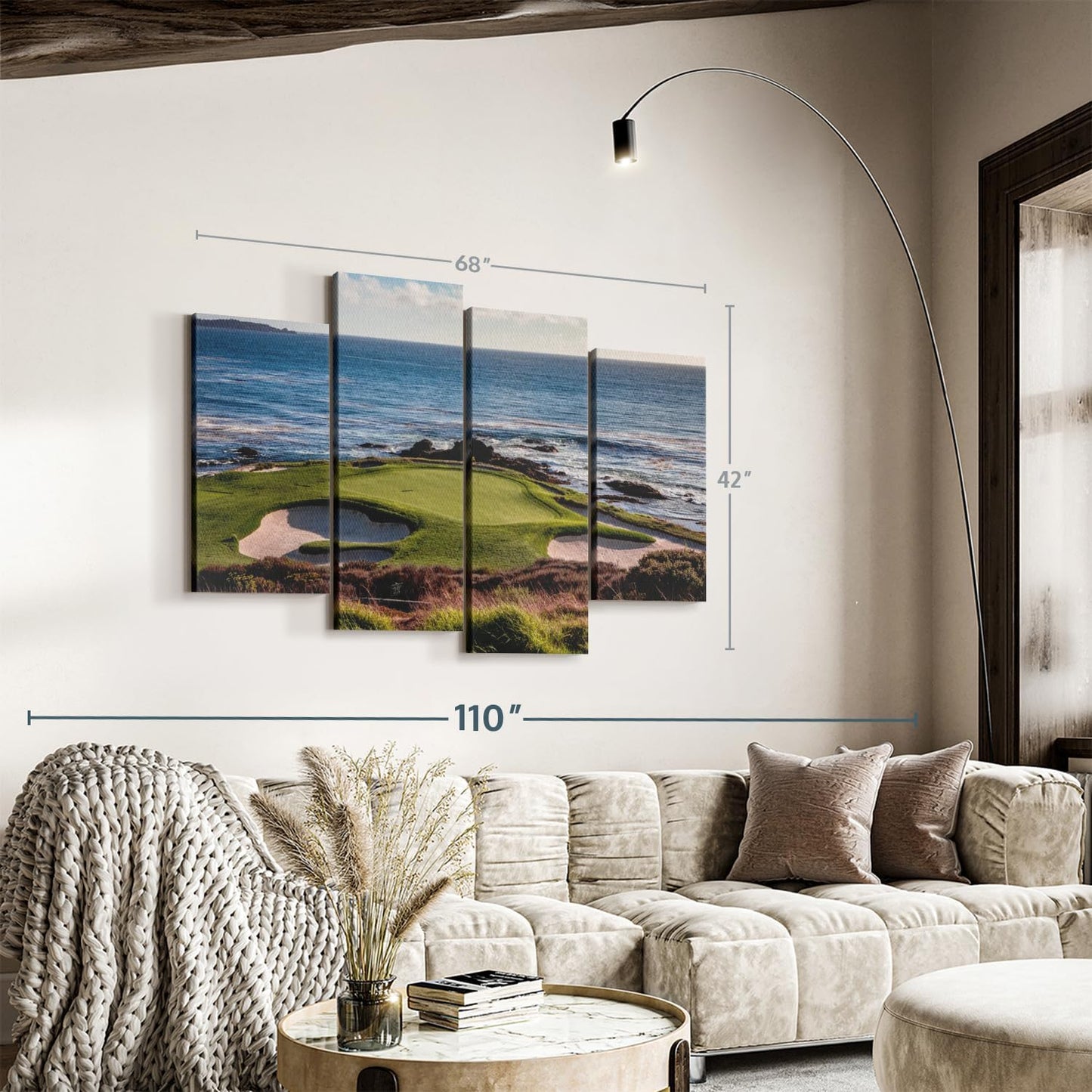 Elephant Stock California Coastline Golf Course Wall Art - Horizontal Canvas - 4-Piece Living Room Wall Decor - Photography Sports Canvas Print - Brown and Beige Decor for Wall - 68" X 42"