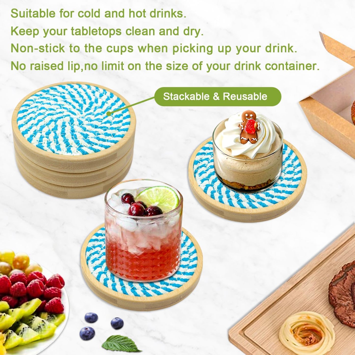 5 Pack Absorbent Coasters for Drinks, 4.3 Inches Cork for Coffee Tables, Wooden Drink Protection, Cute for Kitchen, Farmhouse, Bar, and Office (Blue)