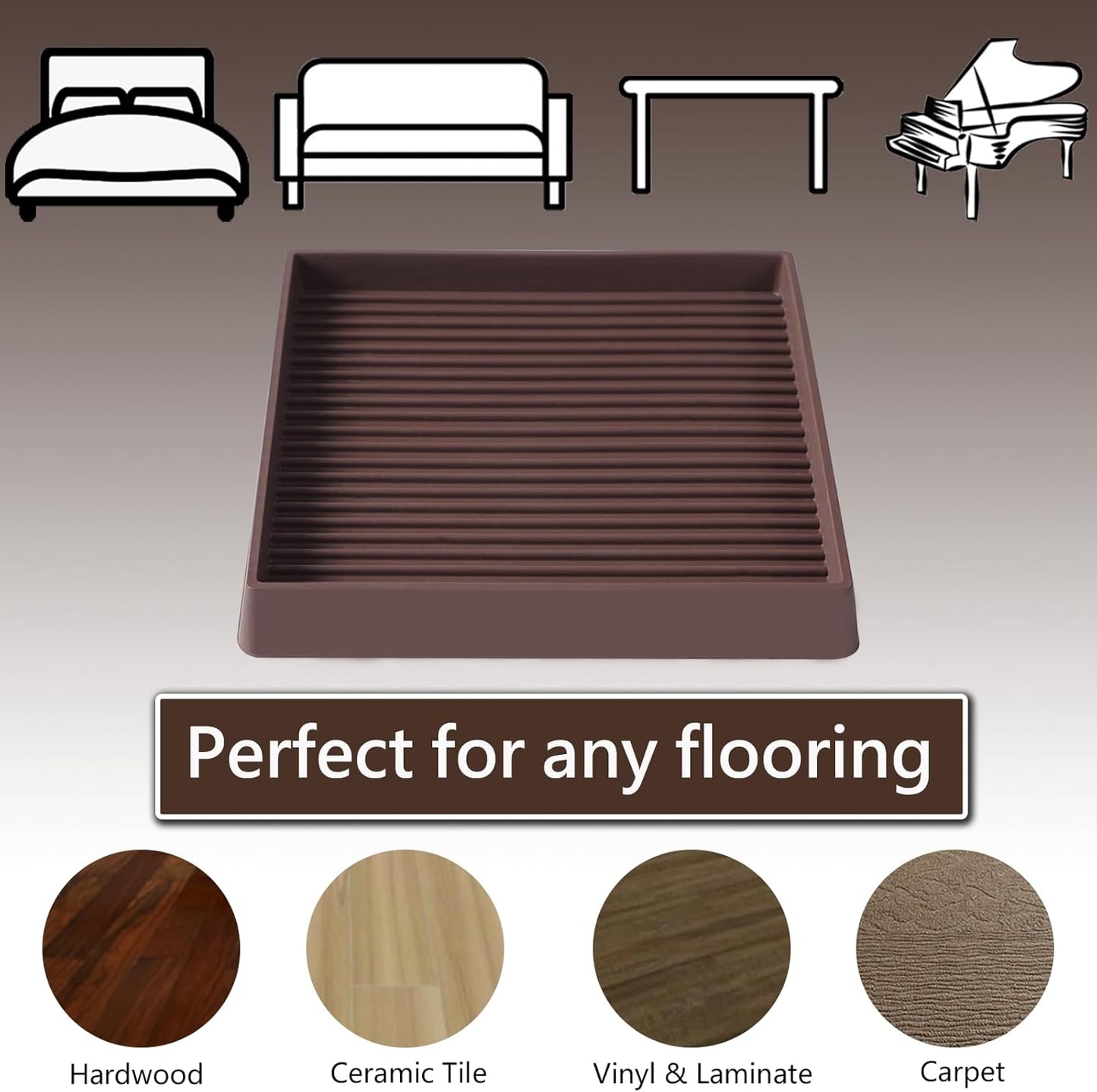 4x4 Square Rubber Furniture Caster Cups, Anti-Sliding Furniture Pads Bed Stopper Floor Protectors with Grip - Protect Any Flooring