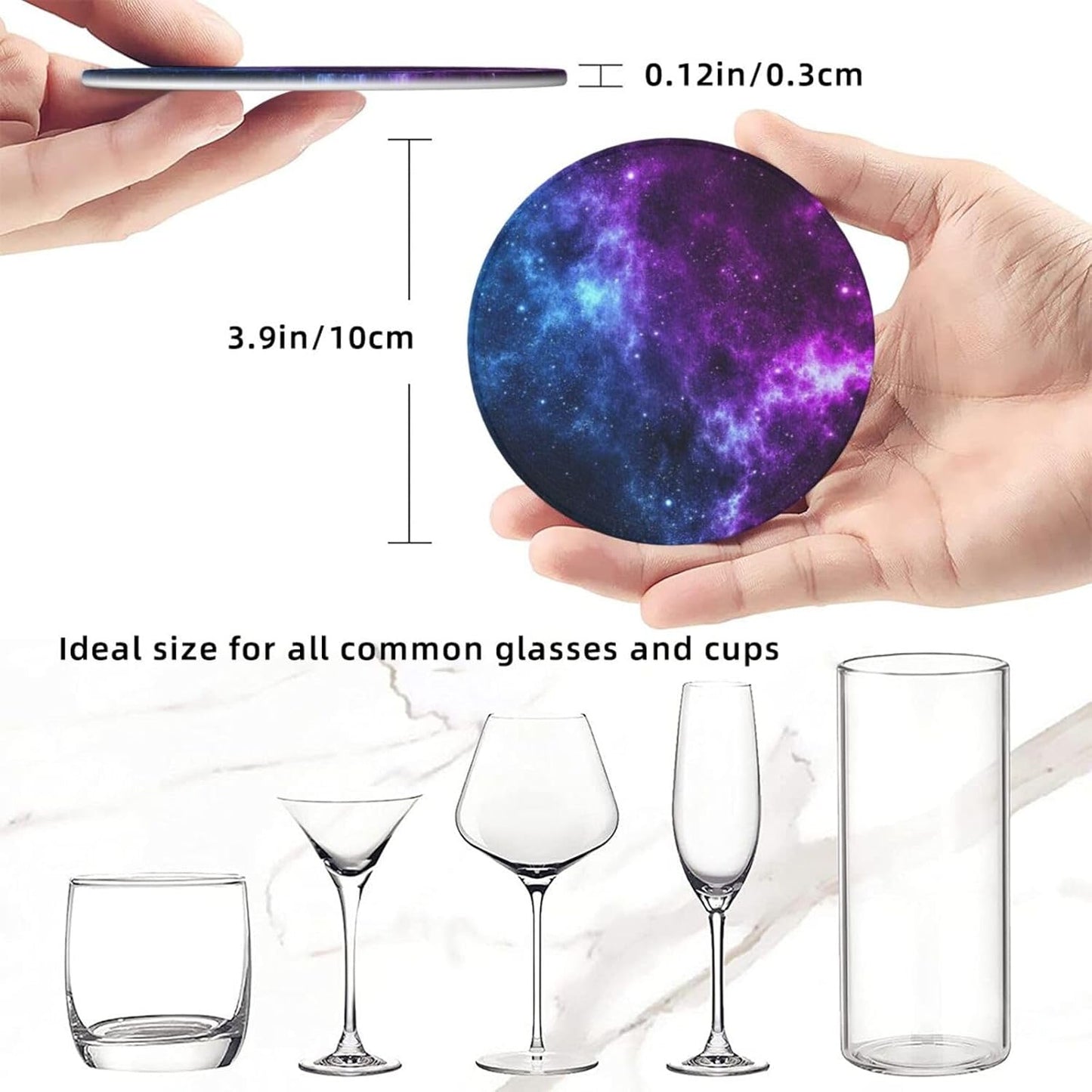 Cool Space Galaxy Blue Purple Planet Star Coasters for Drinks Round Leather Coaster with Holder Set of 6 for Tabletop Protection Desk Accessories Office Home Room Decor