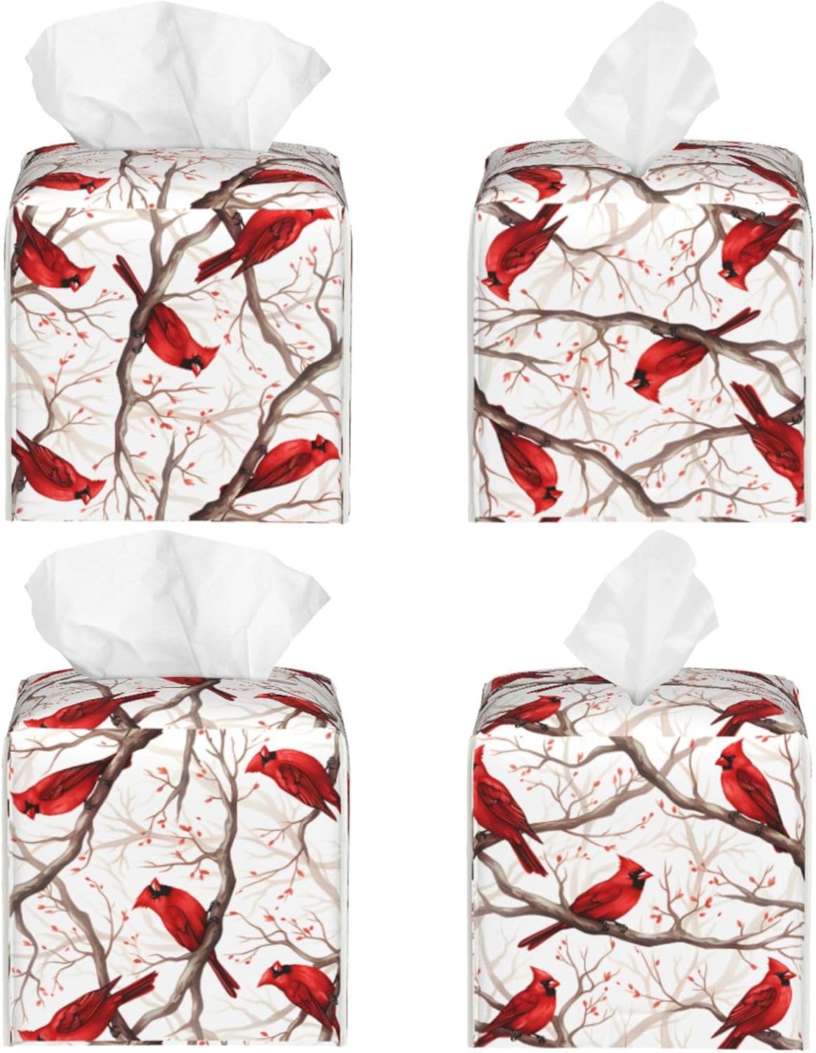 Tissue Box Cover Winter Christmas Red Bird Square PU Leather Tissue Box Holder for Car Bathroom Bedroom Desk Tabletop Decor