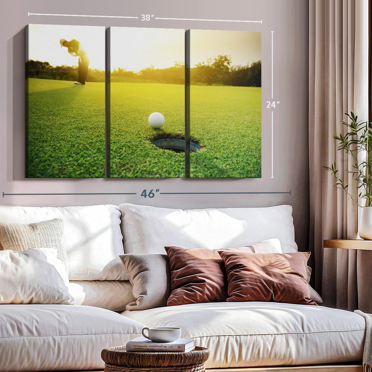 ElephantStock Golf Ball Strike Wall Art - Horizontal Canvas - 3-Piece Living Room Wall Decor - Photography Sports Canvas Print - Green and White Decor for Wall - 38" X 24"