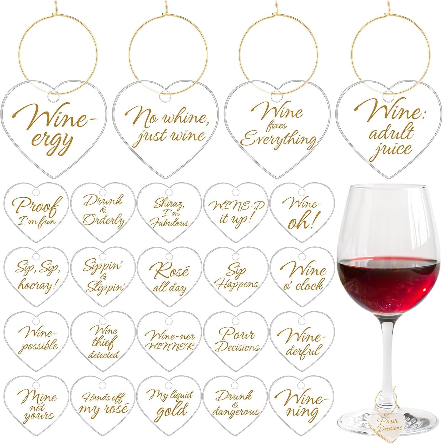 Weysat 24 Pcs Acrylic Thanksgiving Wine Glass Charms with Funny Quotes & Gold Text, Reusable Drink Identifiers Tags with Storage Bag for Birthday Parties Weddings Supplies