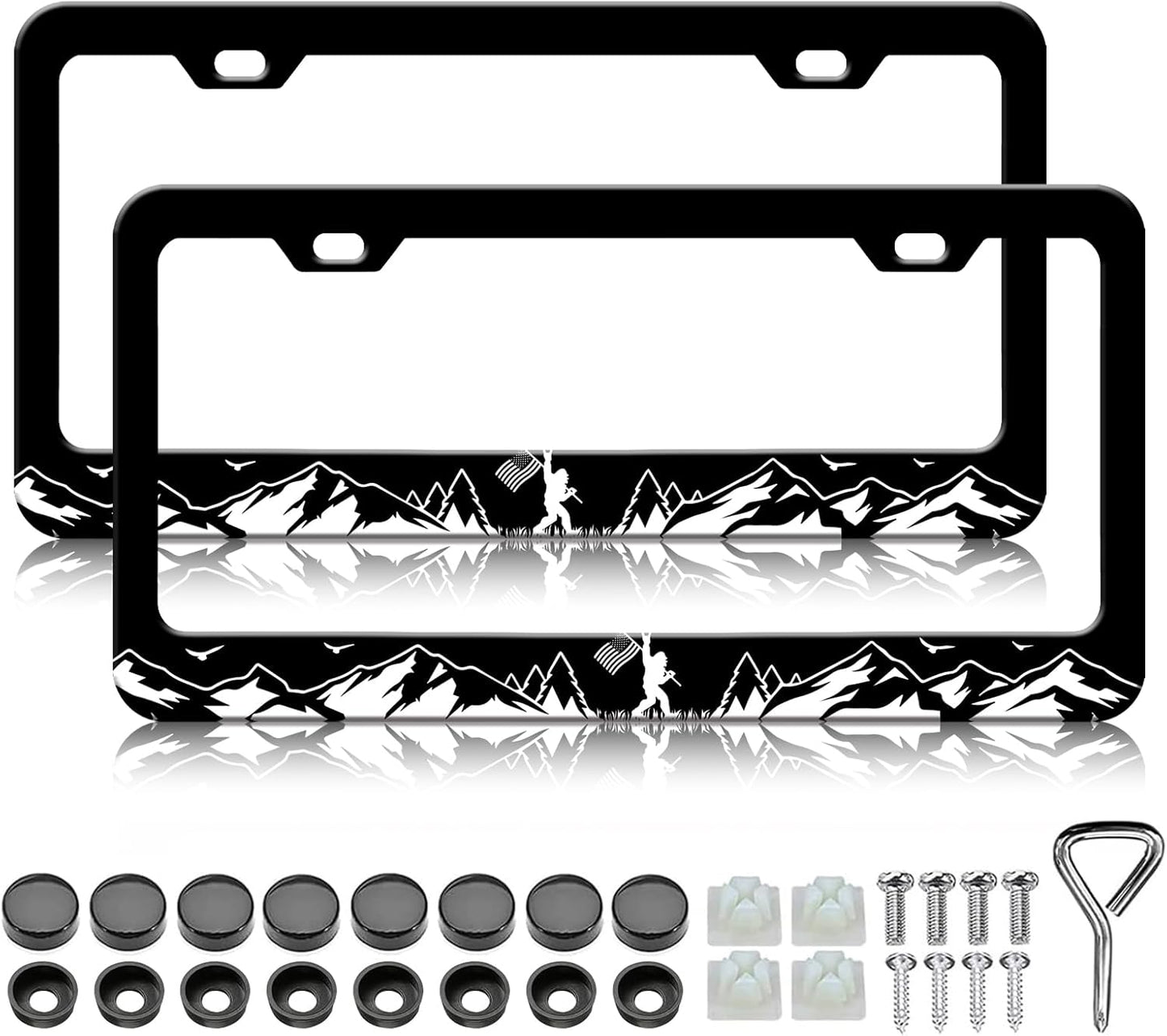 Mountain Bigfoot License Plate Frames - 2 Pack Mountains Personalized License Plates Holder Covers, Aluminum Metal Rust-Proof Waterproof Car Tag Frame with Screws Fasteners Caps