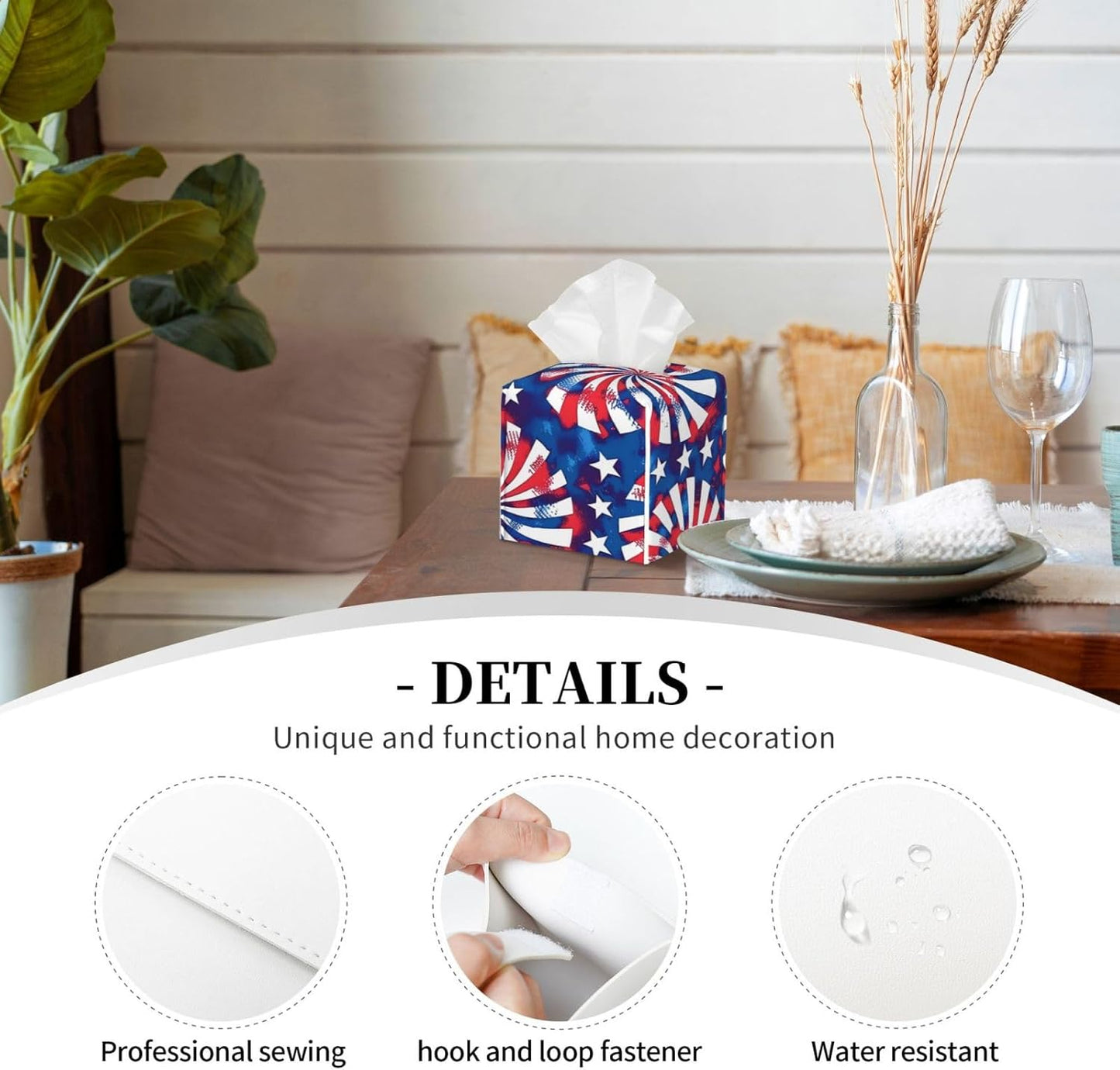 Tissue Box Cover American 4th of July Blue Red Elements Square PU Leather Tissue Box Holder for Car Bathroom Bedroom Desk Tabletop Decor