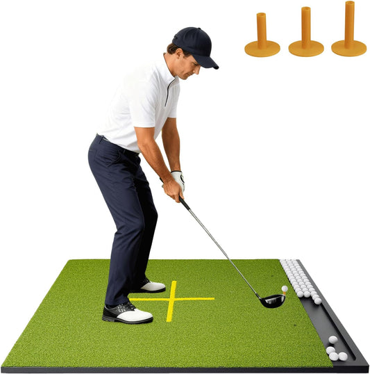 Golf Hitting Mat with Ball Tray, Stance Guide Cross-Line, 5x4ft & 6x4ft, 26mm & 31mm Thickness Green Turf Practice Mats for Indoor Outdoor, for Men, Dad, Husband & Golf Lovers