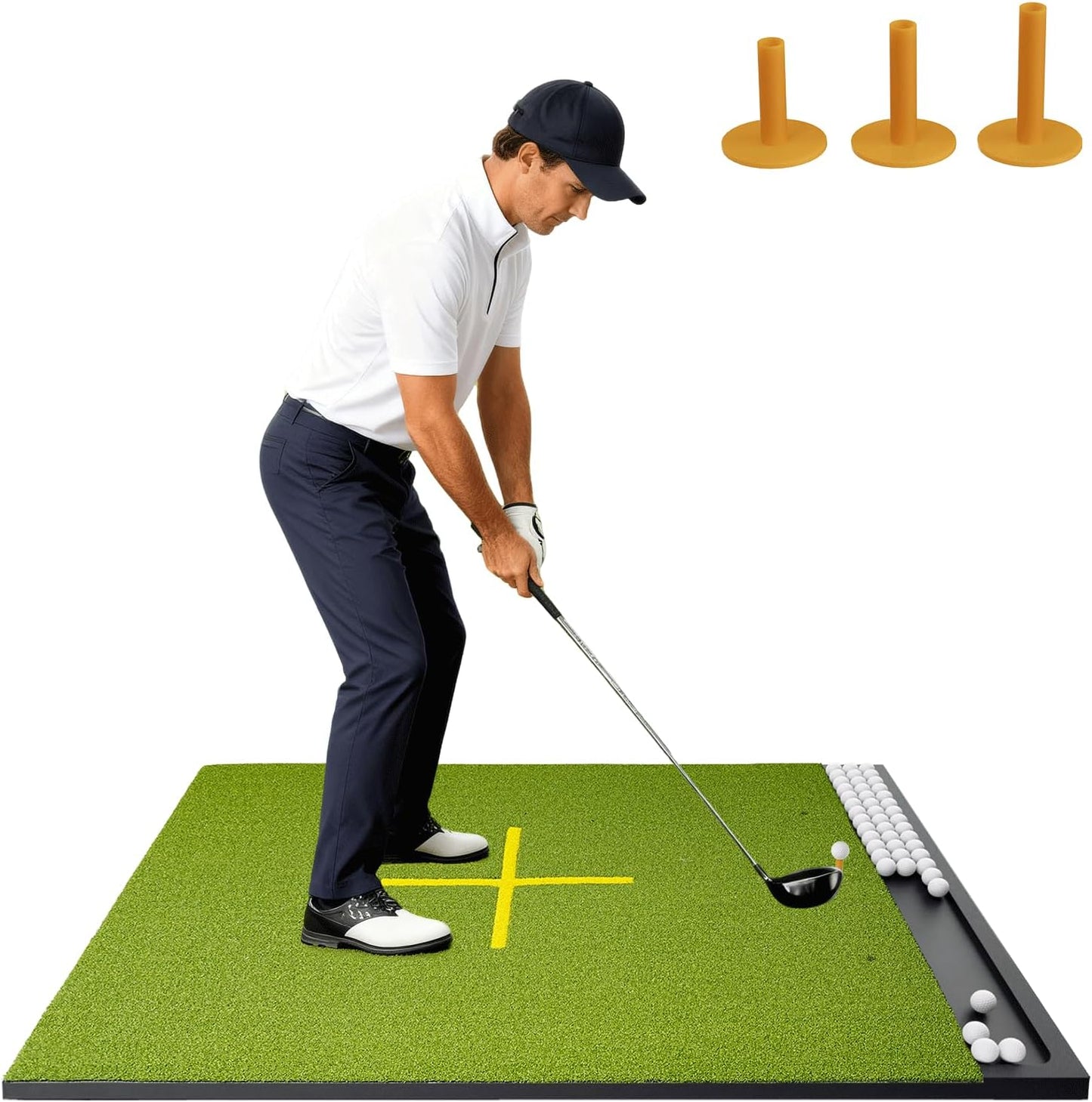 Golf Hitting Mat with Ball Tray, Stance Guide Cross-Line, 5x4ft & 6x4ft, 26mm & 31mm Thickness Green Turf Practice Mats for Indoor Outdoor, for Men, Dad, Husband & Golf Lovers