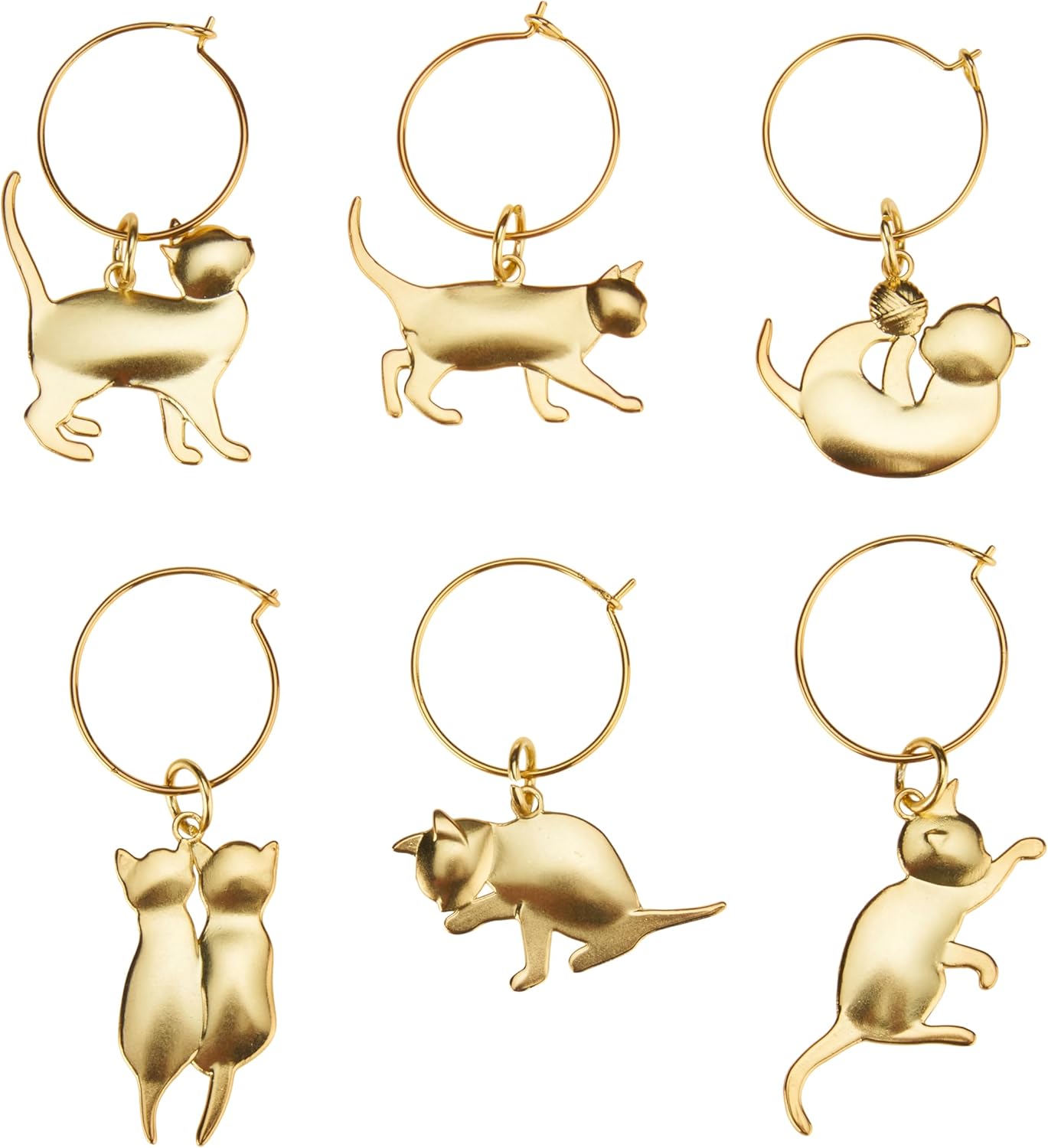 Twine Cat Lovers Wine Charm Rings with Six Unique Designs, Glass Charms for Stem Glasses, Drink Markers, Wedding, Anniversary, Birthday Party, Gold