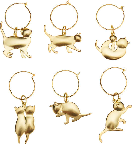 Twine Cat Lovers Wine Charm Rings with Six Unique Designs, Glass Charms for Stem Glasses, Drink Markers, Wedding, Anniversary, Birthday Party, Gold