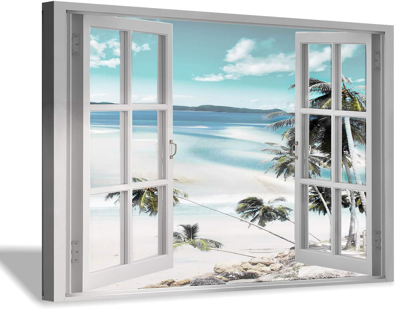 Canvas Windows Picture Wall Art: Beach with Light Blue Coastal Palm Graphic Artwork Print on Canvas Artwork for Living Room (45” x 30” x 1 Panel)