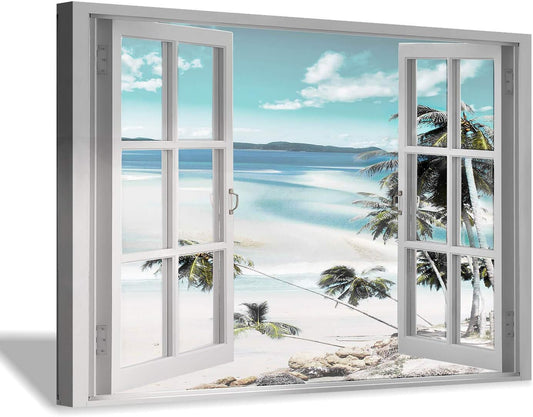 Canvas Windows Picture Wall Art: Beach with Light Blue Coastal Palm Graphic Artwork Print on Canvas Artwork for Living Room (45” x 30” x 1 Panel)