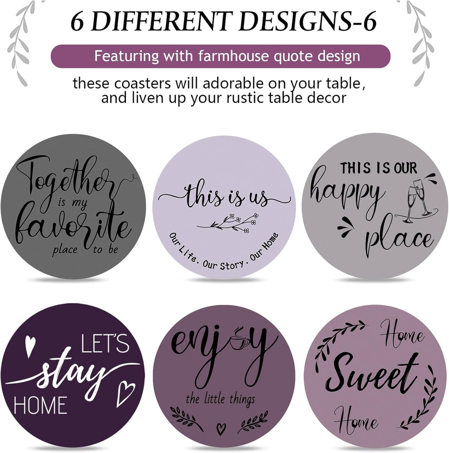 Queekay Housewarming Gifts for Home Decoration Wooden Heart Coasters for Drinks 6 Set Farmhouse Coasters with Holder Funny for Family Coffee Table Protection, 4''(Purple)