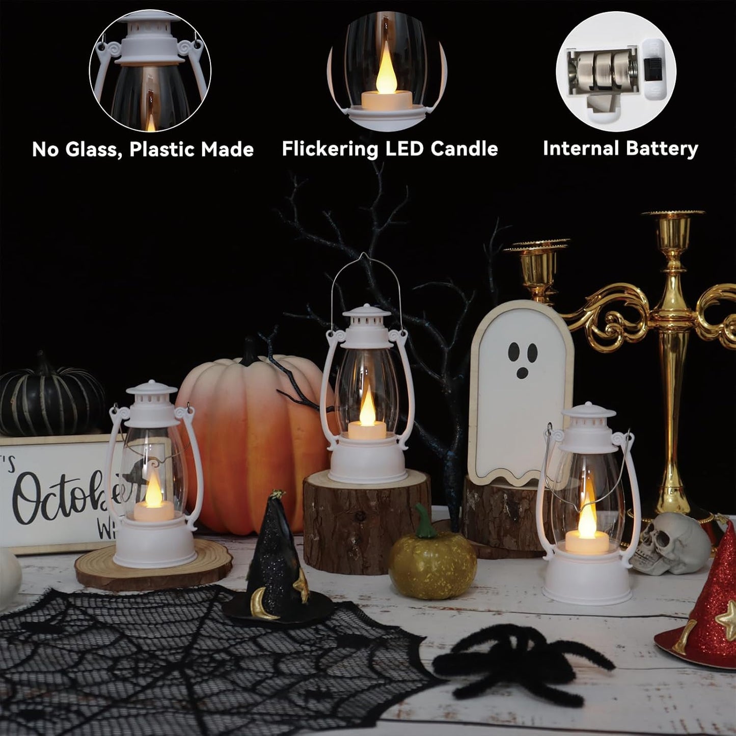 12Pcs Mini White Lanterns for Western Halloween Christmas – 6Inch Candle Lanterns with Flickering LED, Wedding Centerpiece Table Decorations, Camping Decor & Hanging Ornaments for Rustic Party