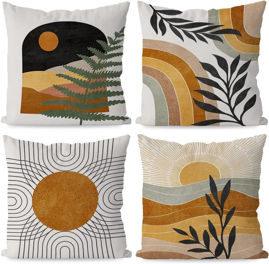 KEUSPI Boho Pillow Coves Sun Rainbow Botanical Leaf Mountain Nature Landscape Throw Pillow Covers,Boho Throw Pillow Covers 18×18 Set of 4,Home Bedroom Bohemian Decor,Bohemian Lovers Girls Women Gifts