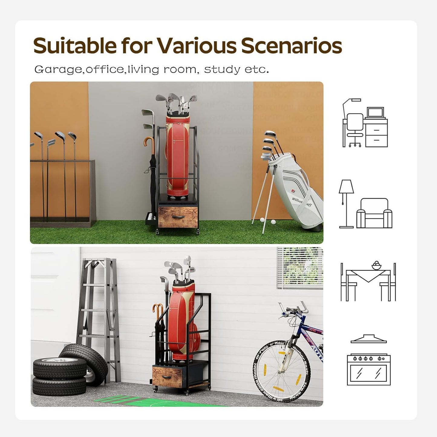 Golf Bag Organizer Rack with Wheels, Golf Storage Organizer for Garage,Golf Stand & Accessories,Brown Garage Organizer Fit Single Golf Bags