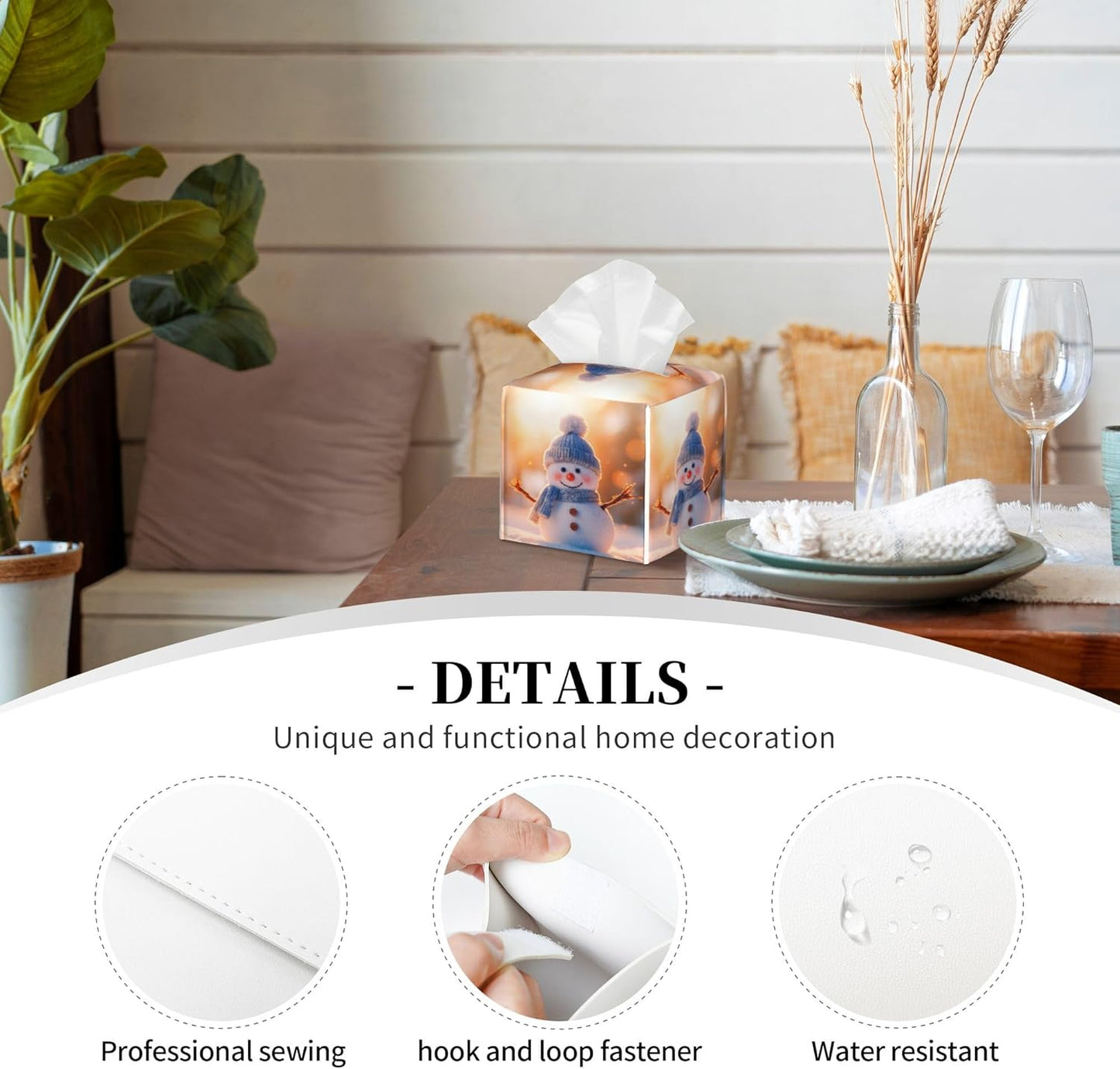 Cute Christmas Snowman Tissue Box Cover Square,Winter Christmas Snowman Tissue Box Holder Waterproof Leather Facial Paper Organizer Dispenser for Bathroom Home Car Nightstand Vanity Desk