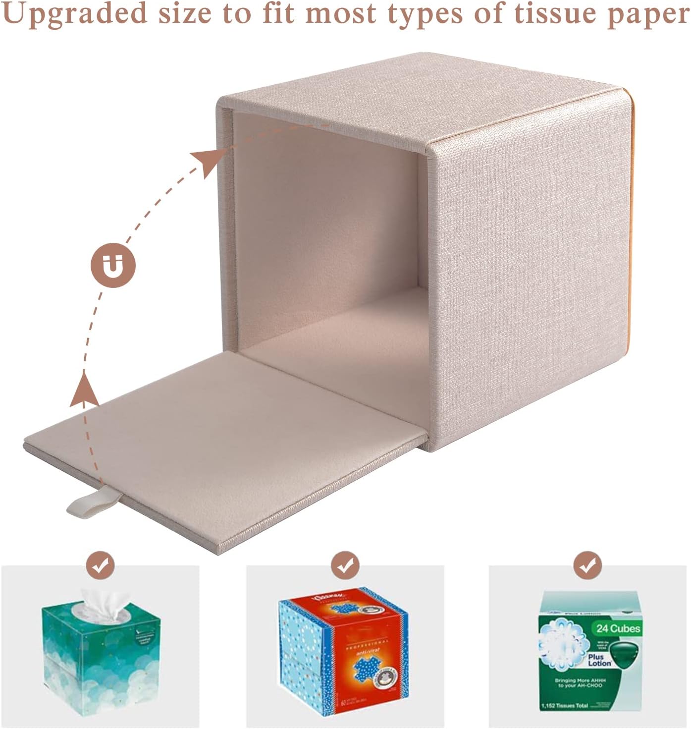 Tissue Box Cover Square Tissue Box Holder PU Leather Facial Organizer with Magnetic Bottom,Decorative Napkin Caddy for Vanity Dresser Night Stand Table Countertop Home Office Car,Beige