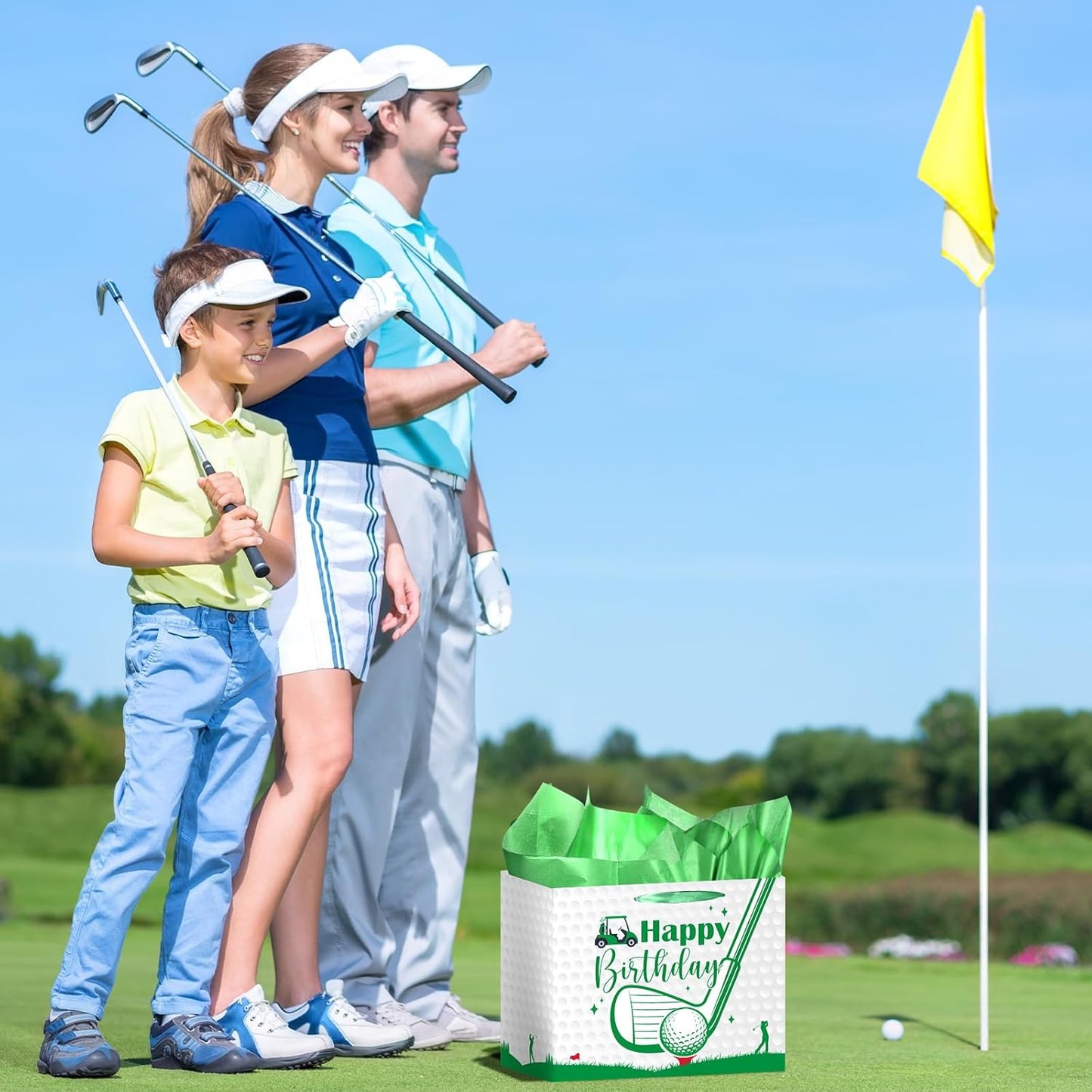 Luvsweets Golf Birthday Gift Bag - Green Gift Wrapping Bag with Tissue Paper and Greeting Card for Men Boys, Golf Party Favors, Sports Themed Birthday Decorations Supplies
