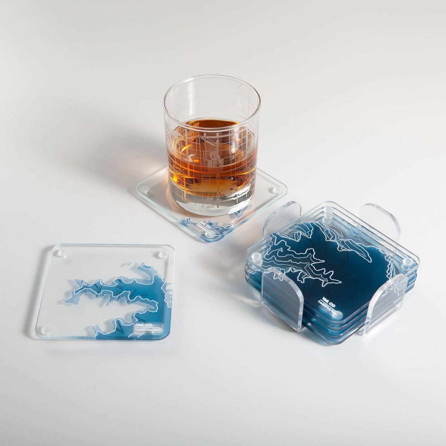 Vail, CO 3D Contour Map Glass Drink Coasters of Mountains, Ski Resort, Set of 6 with Holder, Housewarming Birthday Gifts, Home Decor