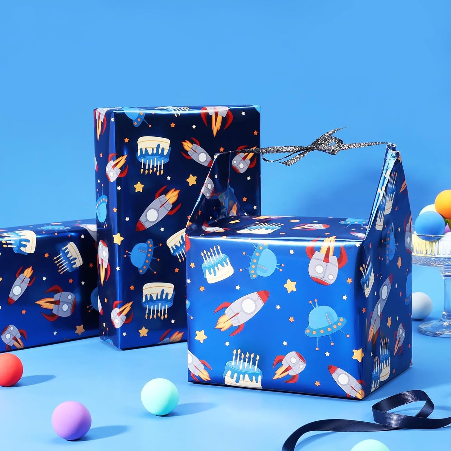LaRibbons Space Wrapping Paper Mini Roll, Blue Spaceship and Birthday Cake Design with Metallic Foil Shine, Perfect for Kids and Boys Birthdays, 17" x 33' (46.7 sq. ft.)