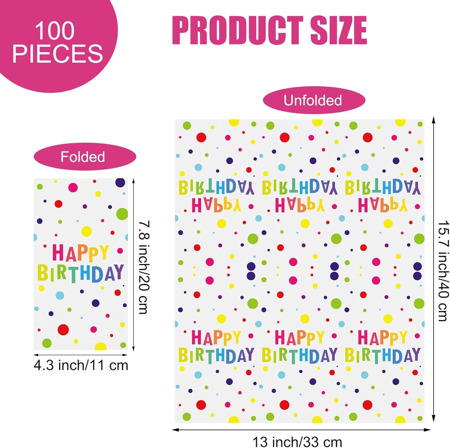 100 Pieces Happy Birthday Napkins Disposable Rainbow Polka Dot Party Napkins 7.8 x 4.3 Inch Colorful Paper Cocktail Napkins Birthday Supplies for Baby Shower Birthday Party Decorations