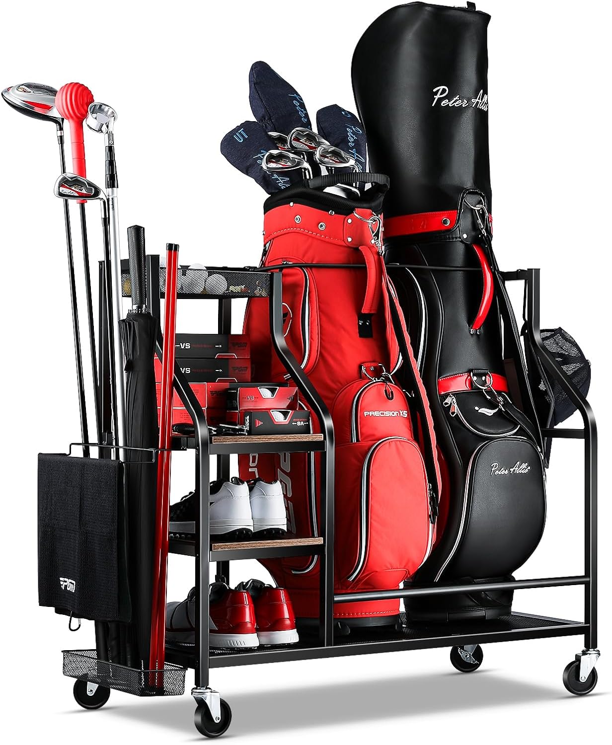 Golf Bags Storage Garage Organizer- Golf Bag Stand for Golf Bags, Clubs, Balls, Golf Equipment Accessories, Golf Bag Storage Rack with Wheels for Garage, Club, Basement