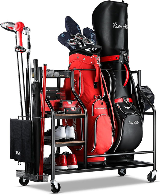 Golf Bags Storage Garage Organizer- Golf Bag Stand for Golf Bags, Clubs, Balls, Golf Equipment Accessories, Golf Bag Storage Rack with Wheels for Garage, Club, Basement
