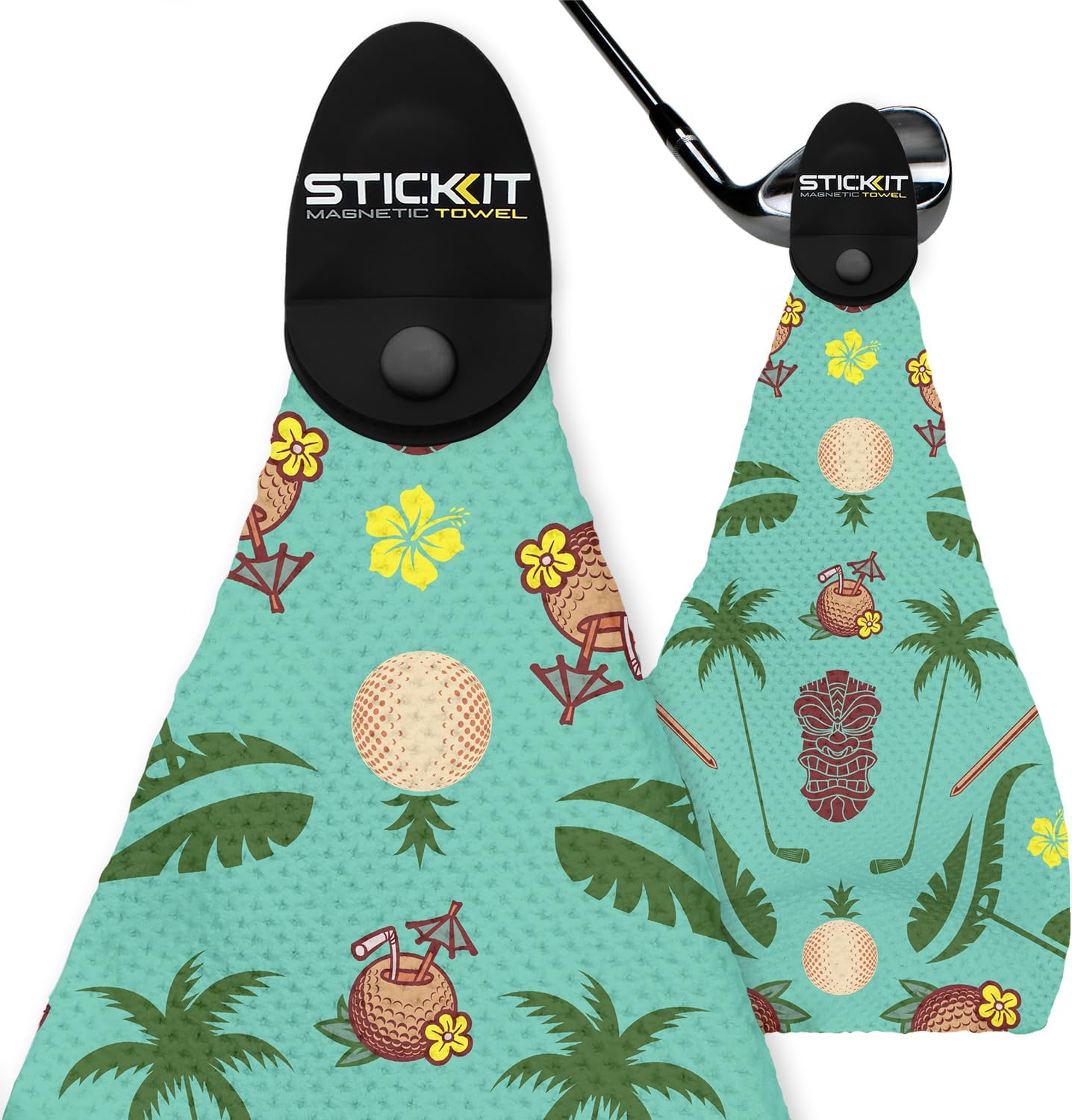 STICKIT Magnetic Golf Towel, Teal Tiki | Top-Tier Microfiber Golf Towel with Deep Waffle Pockets | Industrial Strength Magnet for Strong Hold to Golf Carts or Clubs